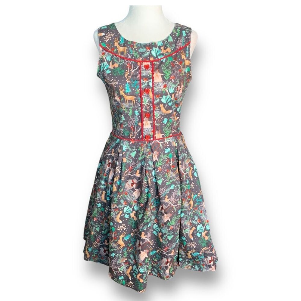 Retrolicious Gray Woodland Print Mini Dress with Teal and Red Trim